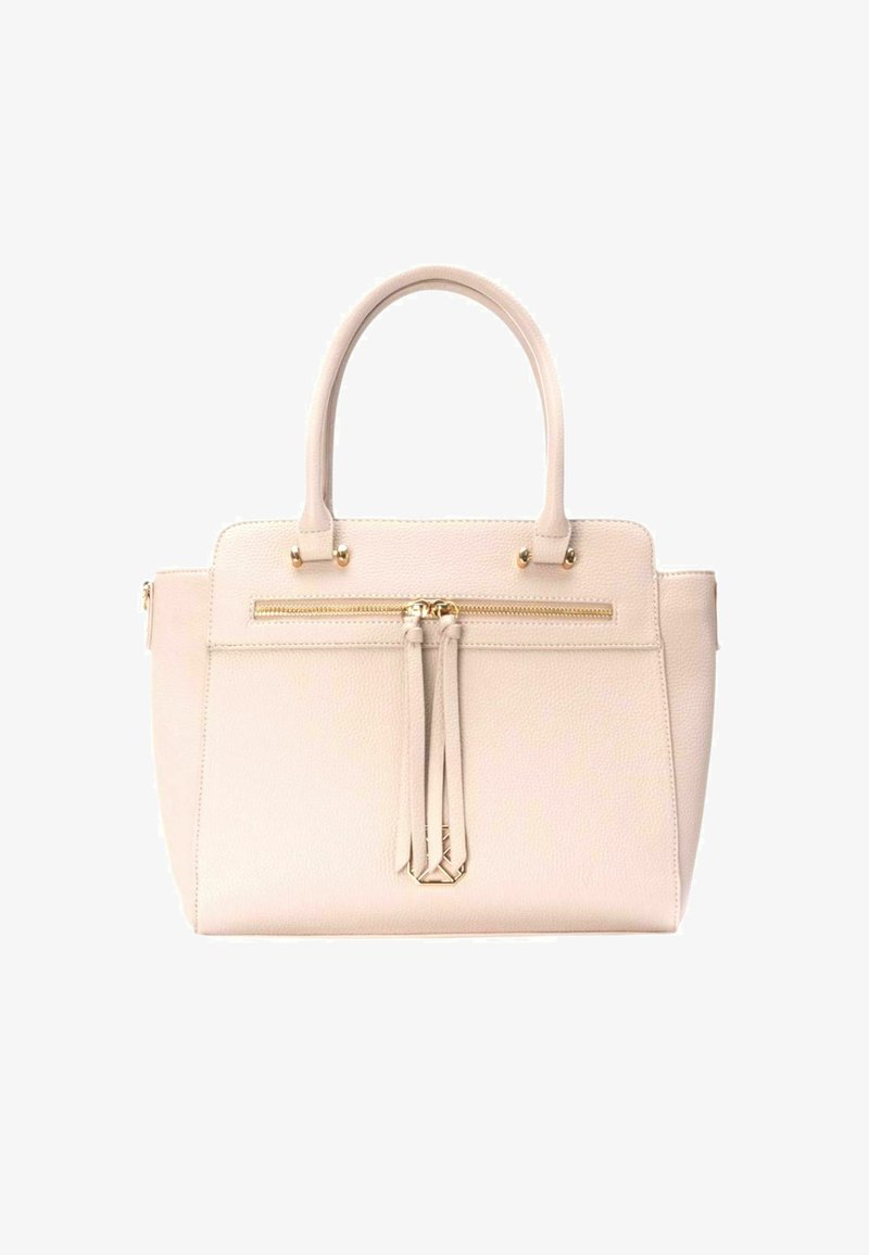 Borsa tote in pelle beige con due manici, hardware dorato e tasca frontale con zip. Materiale testurizzato e design rettangolare elegante.