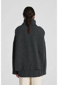 Selja tagant nähtav isik, kellel on paelutatud tumedad juuksed, kannab tumedat halli soonilist kõrge kaelusega kampsunit ja heledaid pükse.