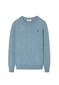 Suéter azul claro hecho de una tela suave, con escote redondo, mangas largas y un pequeño logo negro en el pecho.