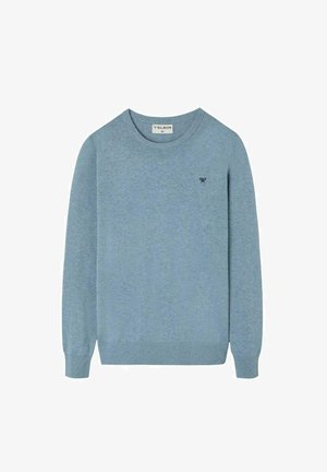 Suéter azul claro hecho de una tela suave, con escote redondo, mangas largas y un pequeño logo negro en el pecho.