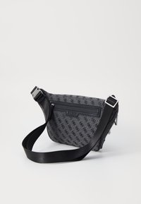 Black and gray patterned shoulder bag with a smooth texture, adjustable strap, and silver hardware. Features the logo on a front panel.