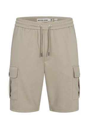 Shorts cargo beiges avec taille à cordon, poches à rabat boutonnées des deux côtés, fabriqués par Indicode Jeans, taille moyenne.