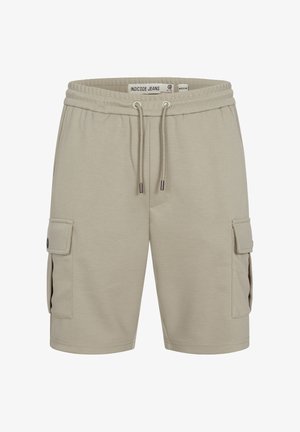 Beige Cargo-Shorts mit Kordelzugbund, aufgesetzten Taschen mit Knöpfen auf beiden Seiten, hergestellt von Indicode Jeans, Größe M.