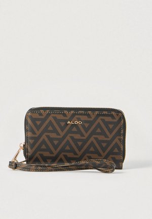 Ruskea ja musta lompakko, jossa geometrinen kuvio, vetoketjusuljenta ja rannelenkki, etupuolella kohokuvioitu ALDO-logo.