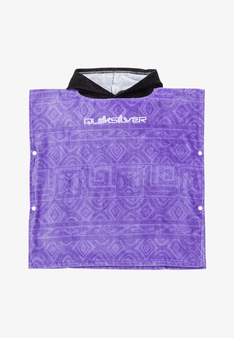 Serviette de changement à capuche violette avec des motifs géométriques, texture douce et logo. Équipée de boutons-pression sur les côtés pour un maintien sécurisé.