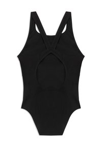 Sort badedragt i ét stykke med brede skulderstropper, der krydser på ryggen, og en stor cirkulær udskæring under stropperne.