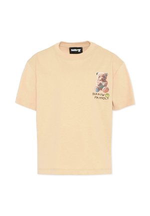 Maglietta beige a maniche corte con una piccola grafica di un orsacchiotto e la scritta "BARROW FRIENDLY" sul petto a sinistra.