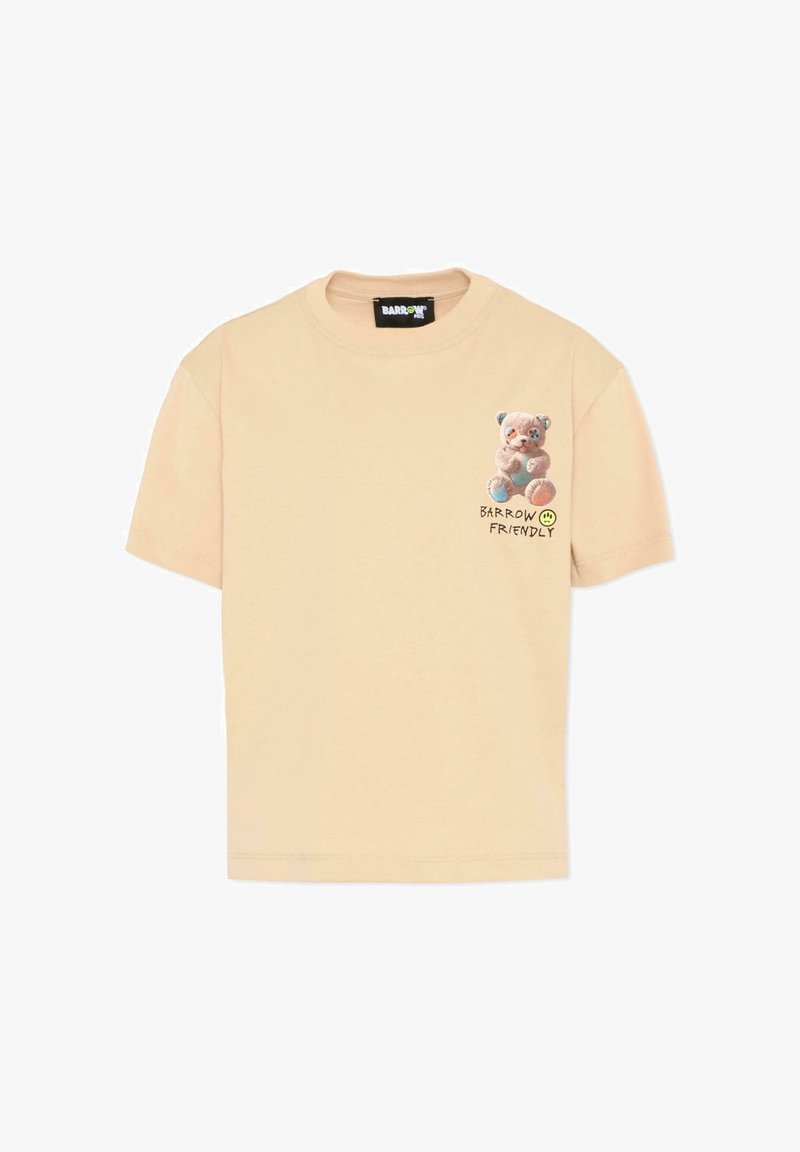 T-shirt beige à manches courtes avec un petit motif d'ourson et le texte "BARROW FRIENDLY" sur la poitrine gauche.