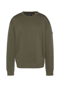 Sudadera de cuello redondo color verde oliva, confeccionada con una mezcla suave de algodón, con puños y dobladillo acanalados y una etiqueta con el logo sutil en la manga.