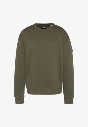 Felpa girocollo verde oliva realizzata in morbido misto cotone, con polsini e orlo a costine e una discreta etichetta con logo sulla manica.