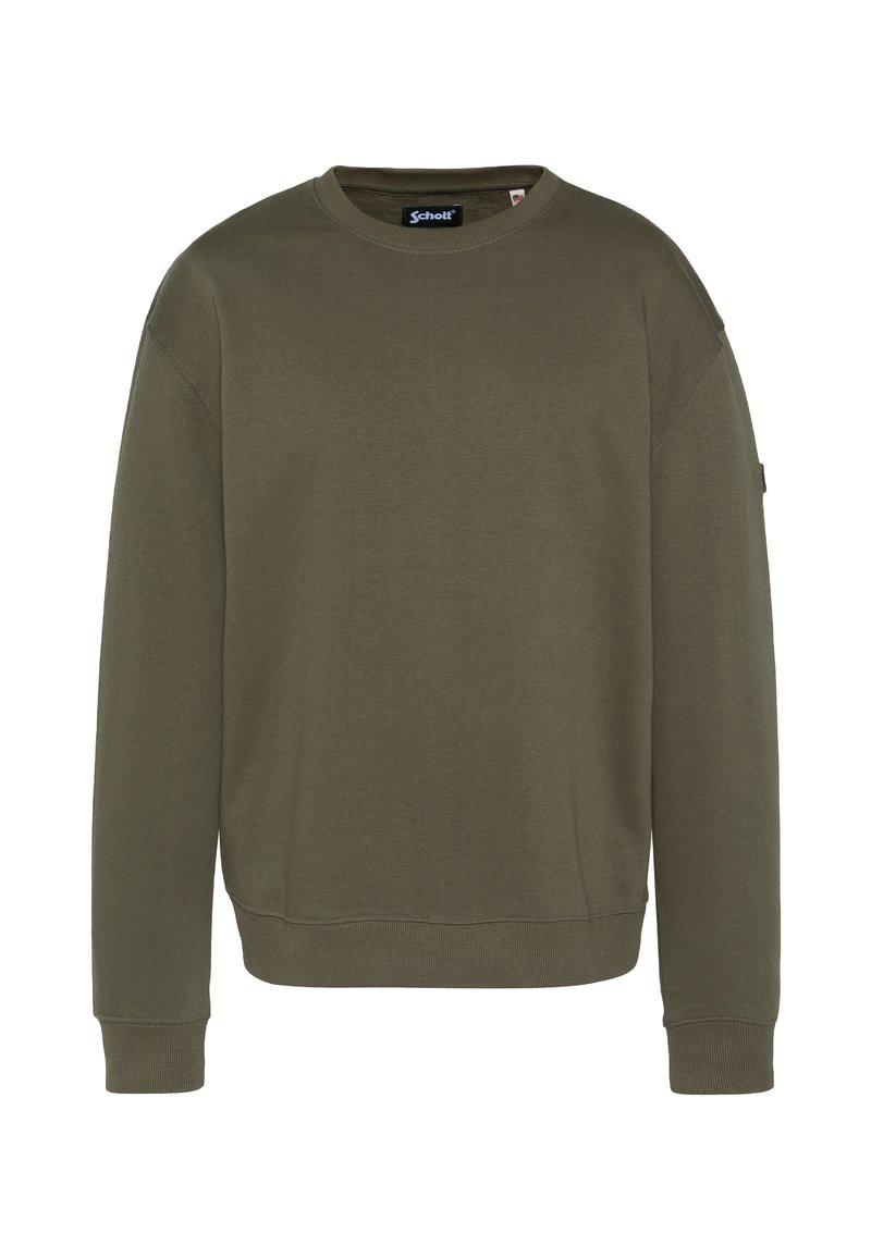 Sudadera de cuello redondo color verde oliva, confeccionada con una mezcla suave de algodón, con puños y dobladillo acanalados y una etiqueta con el logo sutil en la manga.