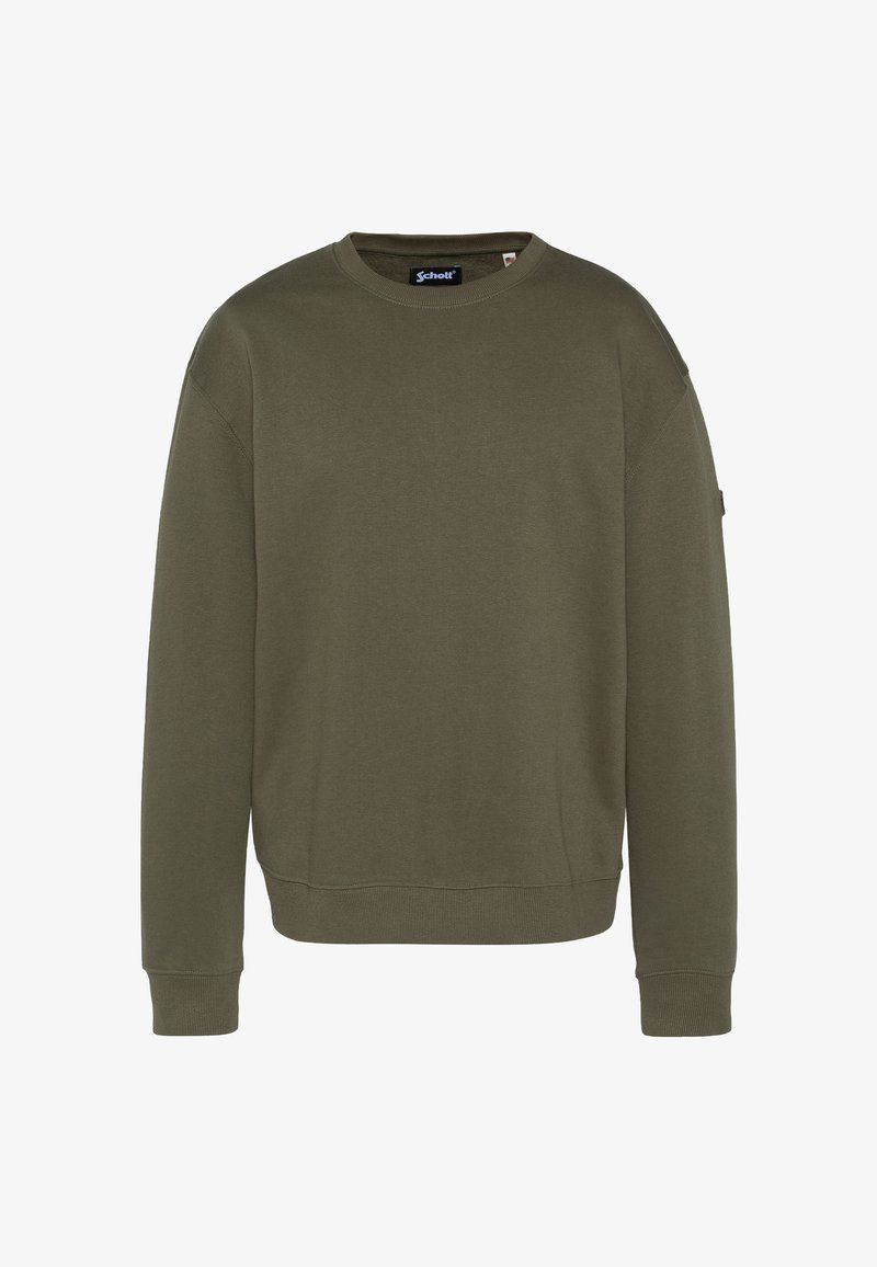 Sudadera de cuello redondo color verde oliva, confeccionada con una mezcla suave de algodón, con puños y dobladillo acanalados y una etiqueta con el logo sutil en la manga.