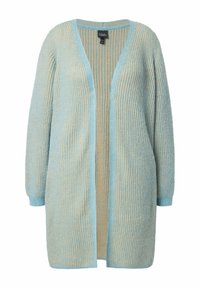 Hellblauer Cardigan mit vertikalen, strukturierten Streifen in Hellgelb. Offene Vorderseite mit langen Ärmeln, mit einem Rippenmuster und weichem Stoff.