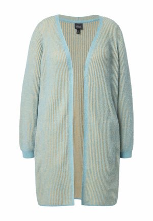 Lichtblauwe cardigan met verticale, getextureerde strepen in zachtgeel. Open voorkant met lange mouwen, uitgevoerd in een geribbeld ontwerp en zachte stof.