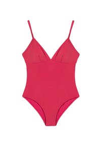 Bañador de una sola pieza, color rosa vibrante, tejido elástico suave, diseño de escote en V, tirantes finos ajustables, textura lisa y corte modesto.