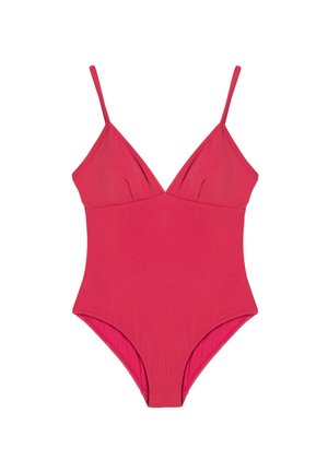 Én-dels badedragt, knaldende pink farve, blødt strækstof, V-hals design, tynde justerbare stropper, glat tekstur og beskeden skæring.