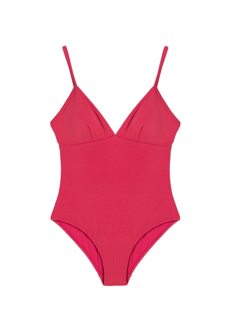 Bañador de una sola pieza, color rosa vibrante, tejido elástico suave, diseño de escote en V, tirantes finos ajustables, textura lisa y corte modesto.