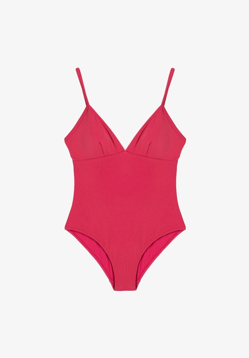 Maillot de bain une pièce, couleur rose vif, tissu élastique doux, design à décolleté en V, fines bretelles ajustables, texture lisse et coupe modeste.