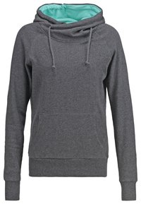 Sweat à capuche gris foncé à manches longues avec poche kangourou et capuche à cordon doublée de tissu turquoise clair.