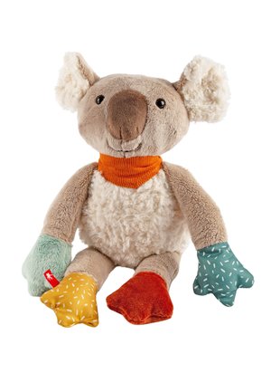 Plush koala toy with beige fur, fluffy white chest, orange neck scarf, and mismatched patterned hands and feet in soft fabric.