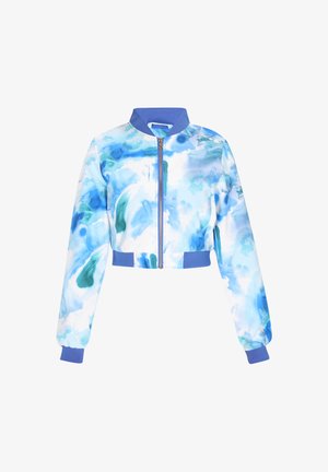 Bepaalde jas in een blauwe aquarelprint met een rits voorkant, ribbelmanchetten en kraag. Gemaakt van gladde, lichte stof.