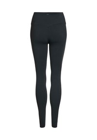 Zwarte leggings met hoge taille, gemaakt van een gladde, rekbare stof. Voorzien van een V-vormige naad aan de achterkant en een naadloze tailleband voor comfort.
