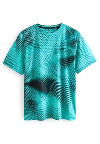 Camiseta de manga corta turquesa con un patrón abstracto negro dinámico, confeccionada con tela ligera de textura suave.