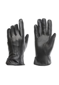 Juodos odinės pirštinės su penkiais pirštais, pasižyminčios subtiliomis siuvimo detalėmis ir lygiu paviršiumi. Atviri rankogaliai su apvaliais galais.