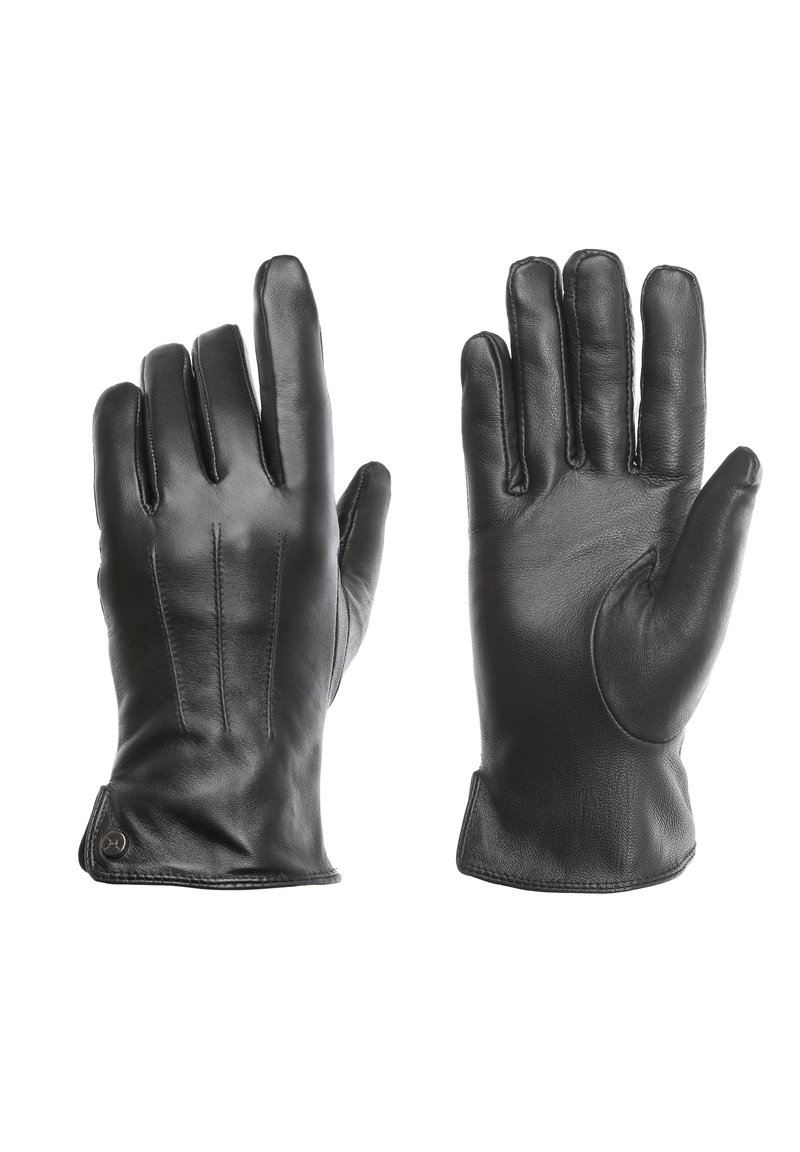 Juodos odinės pirštinės su penkiais pirštais, pasižyminčios subtiliomis siuvimo detalėmis ir lygiu paviršiumi. Atviri rankogaliai su apvaliais galais.