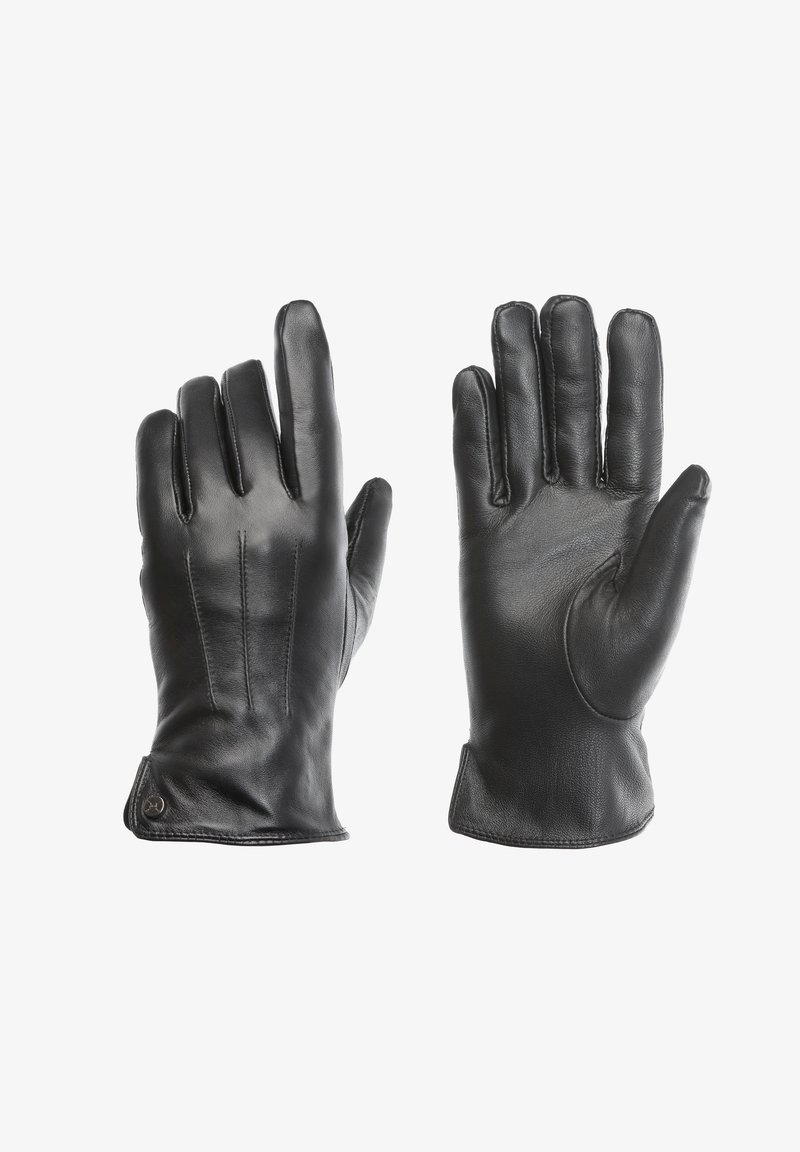 Juodos odinės pirštinės su penkiais pirštais, pasižyminčios subtiliomis siuvimo detalėmis ir lygiu paviršiumi. Atviri rankogaliai su apvaliais galais.