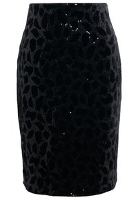 Falda lápiz de lentejuelas negras con un diseño de estampado de leopardo, superficie texturizada y una silueta ajustada. Cintura a media altura y longitud hasta la rodilla.
