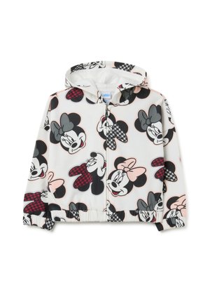 Witte kinder hoodie met rits en capuchon, versierd met herhaalde gezichten van Minnie Mouse in zwarte, roze, grijze en rode patronen.