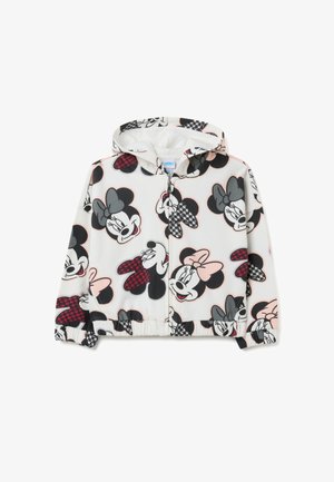 Sudadera blanca con cremallera para niños, con capucha, que presenta caras repetidas de Minnie Mouse en patrones de negro, rosa, gris y rojo.