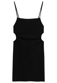 Vestito mini nero a coste con spalline sottili e dettagli cut-out sulla parte laterale, caratterizzato da un design aderente e una texture liscia.