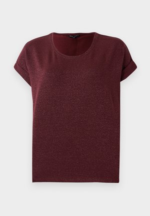 Burgunderfarvet kortærmet top lavet af tekstureret, glitrende stof med rund halsudskæring og opsmøgede ærmer. Løs pasform.