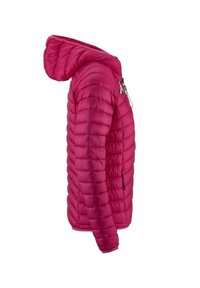 Giacca a vento fucsia con cappuccio, caratterizzata da un design trapuntato, tasca con zip e polsini elasticizzati. Leggera e di forma compatta.