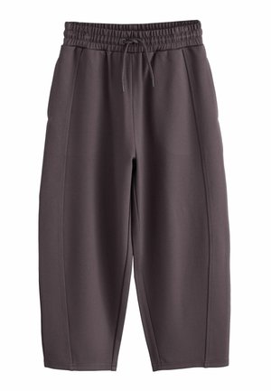 Mørkegrå joggingbukser med elastik i taljen og snøre, med lige ben og lodrette sømdetaljer foran.