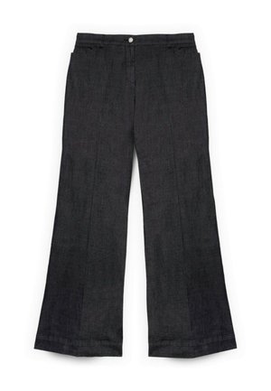 Dunkelgraue, weit geschnittene Hosen mit glatter Textur, vorderen Taschen und einem einzelnen Knopf am Bund. Klassisches Design mit geraden Nähten.