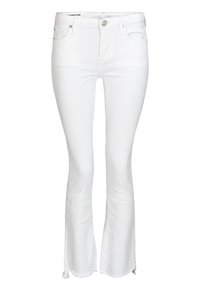 White denim flared jeans with a high waist, featuring two front pockets, belt loops, and a raw hem at the ankles for added detail.
