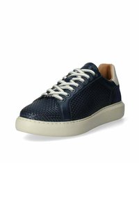 Sneaker navy con tomaia in pelle intrecciata, suola in gomma crema, punta rotonda e lacci bianchi a contrasto. Design minimalista e finiture morbide.