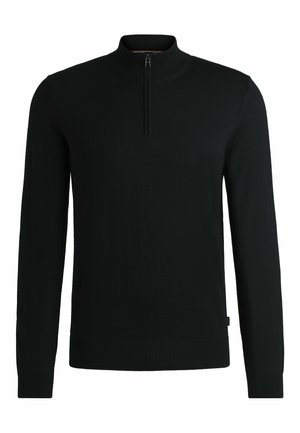 Maglione nero a maglia con collo alto e chiusura a mezza zip, dotato di maniche lunghe e orlo aderente. Texture semplice e liscia.