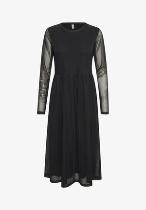 Musta mekko, jossa on pitkät läpikuultavat hihat, pyöreä pääntie ja tiukka vartalonmyötäinen yläosa, joka laskeutuu laskostettuun hameeseen, jossa on sileä rakenne.