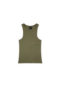 Pruunikas roheline ribaga tank-top laia õlavarre rihmaga, ümar dekoltee ja väike trükitud logo vasakul rinnal. Puuvillane segu materjal.