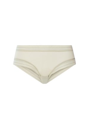 Braguitas hipster beige para mujer, sin costuras, con bordes en forma de ondas y un ribete sutil texturizado en la cintura y las aperturas de las piernas.