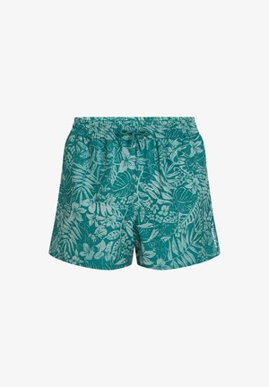 Shorts mit elastischem Bund in Türkis mit weißem Blumenmuster. Verfügt über einen Kordelzug und seitliche Öffnungen für zusätzlichen Komfort.