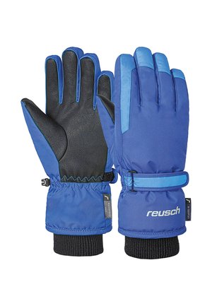 Blaue Winterhandschuhe mit einer schwarzen Lederhandfläche, gepolstertem Stoffrücken, verstellbarem Handgelenkband und gerippten Strickbündchen. Mit einem Logo am Handgelenk.