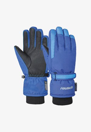 Blauwe winterhandschoenen met een zwarte leren palm, een gevoerde stof achterkant, een verstelbare polsband en ribbelgebreide manchetten. Bevat een logo op de pols.