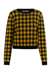 Pullover a scacchi giallo e nero con scollatura rotonda, maniche lunghe e orlo a costine nero. Tessuto morbido e vestibilità cropped.