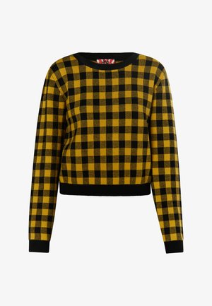 Sárga és fekete kockás pulóver, kerek nyakkivágással, hosszú ujjak és fekete bordázott alj. Puha tapintású és cropped fazonú.