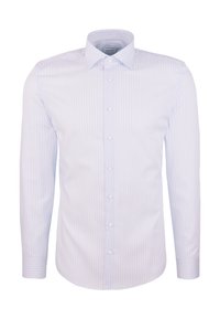 Camicia da uomo leggera blu con strisce verticali bianche, maniche lunghe, con chiusura a bottoni e colletto a punta.